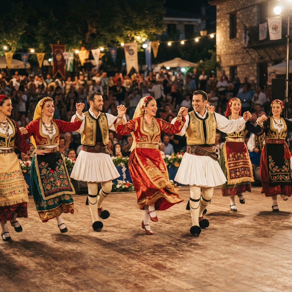 Hellenic dancers performing traditional Greek folk dances in colourful regional costumes