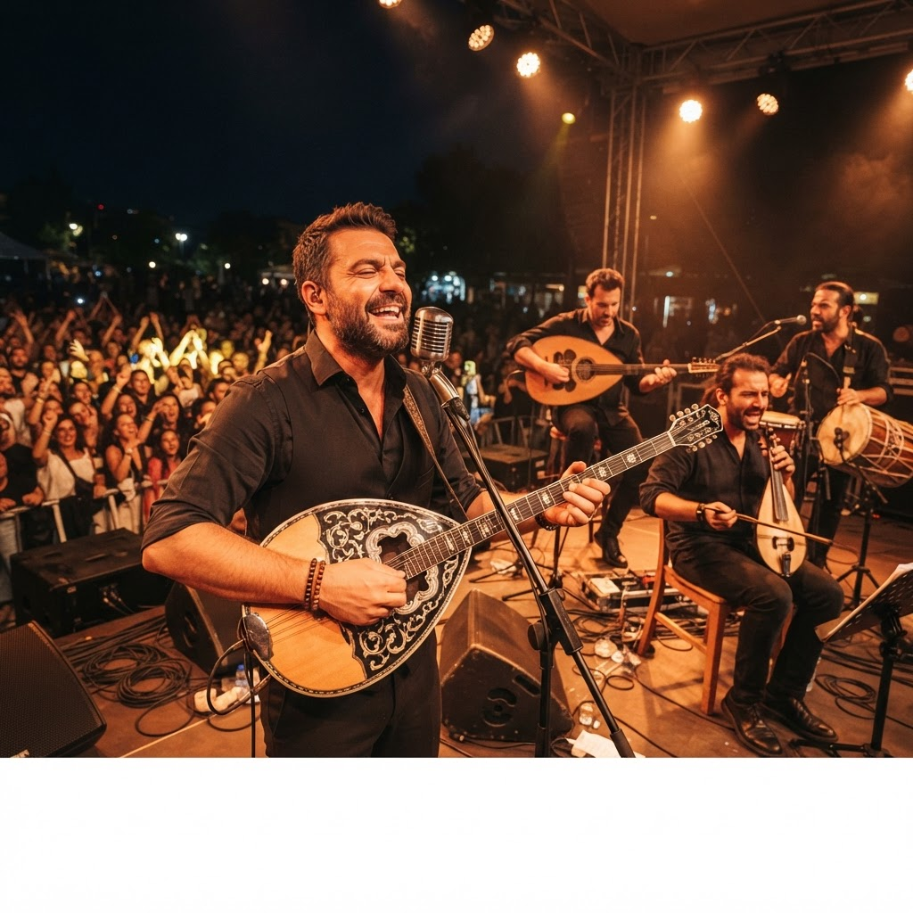 Greek musicians playing bouzouki on stage