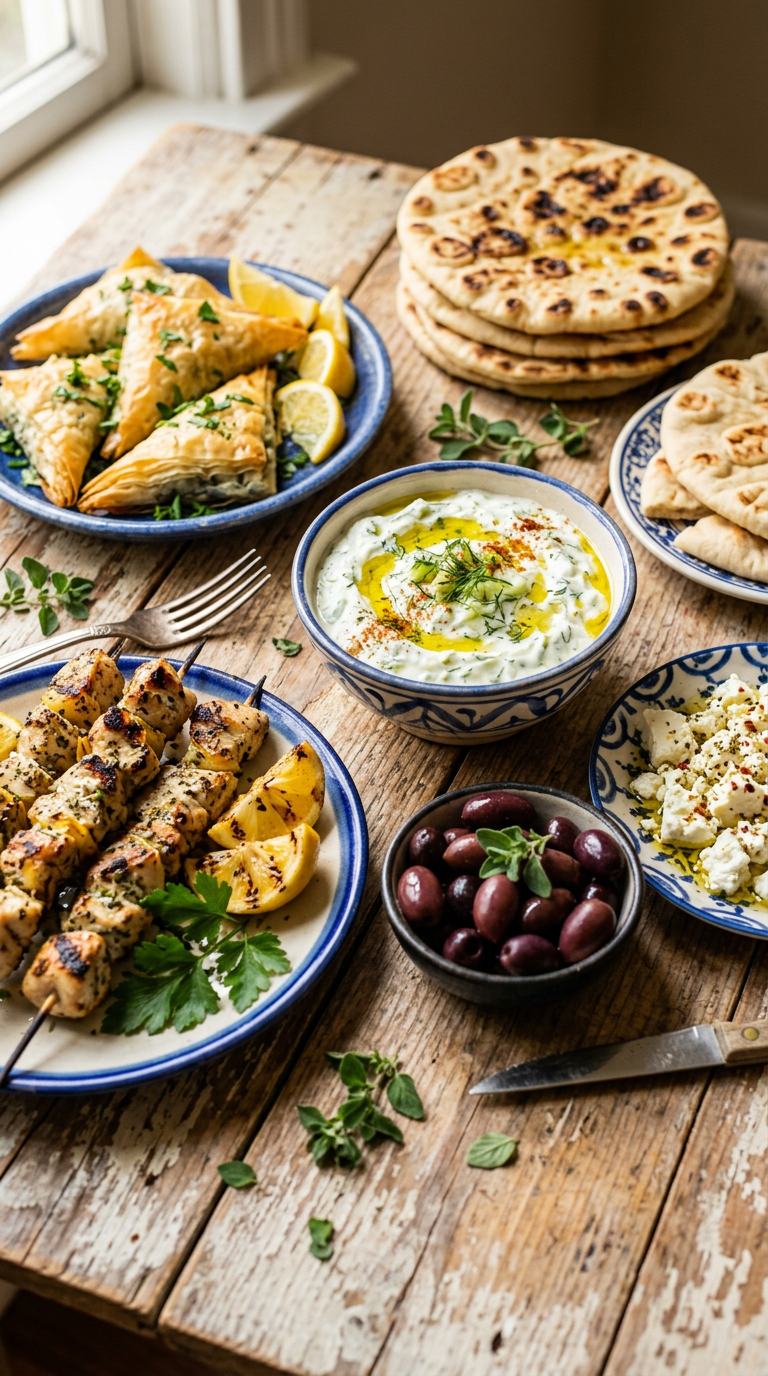 A Greek mezze spread of spanakopita, souvlaki, tzatziki, olives, feta and pita bread