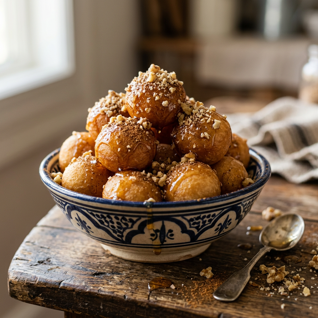 A bowl of golden loukoumades drizzled with honey, cinnamon and walnuts